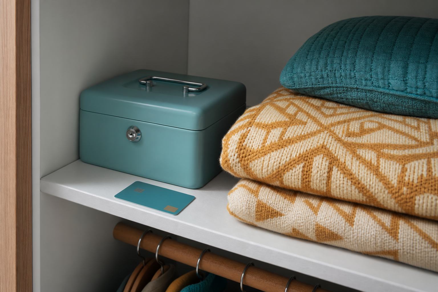 A locked cash box and a bank card on a wardrobe shelf beside folded blankets