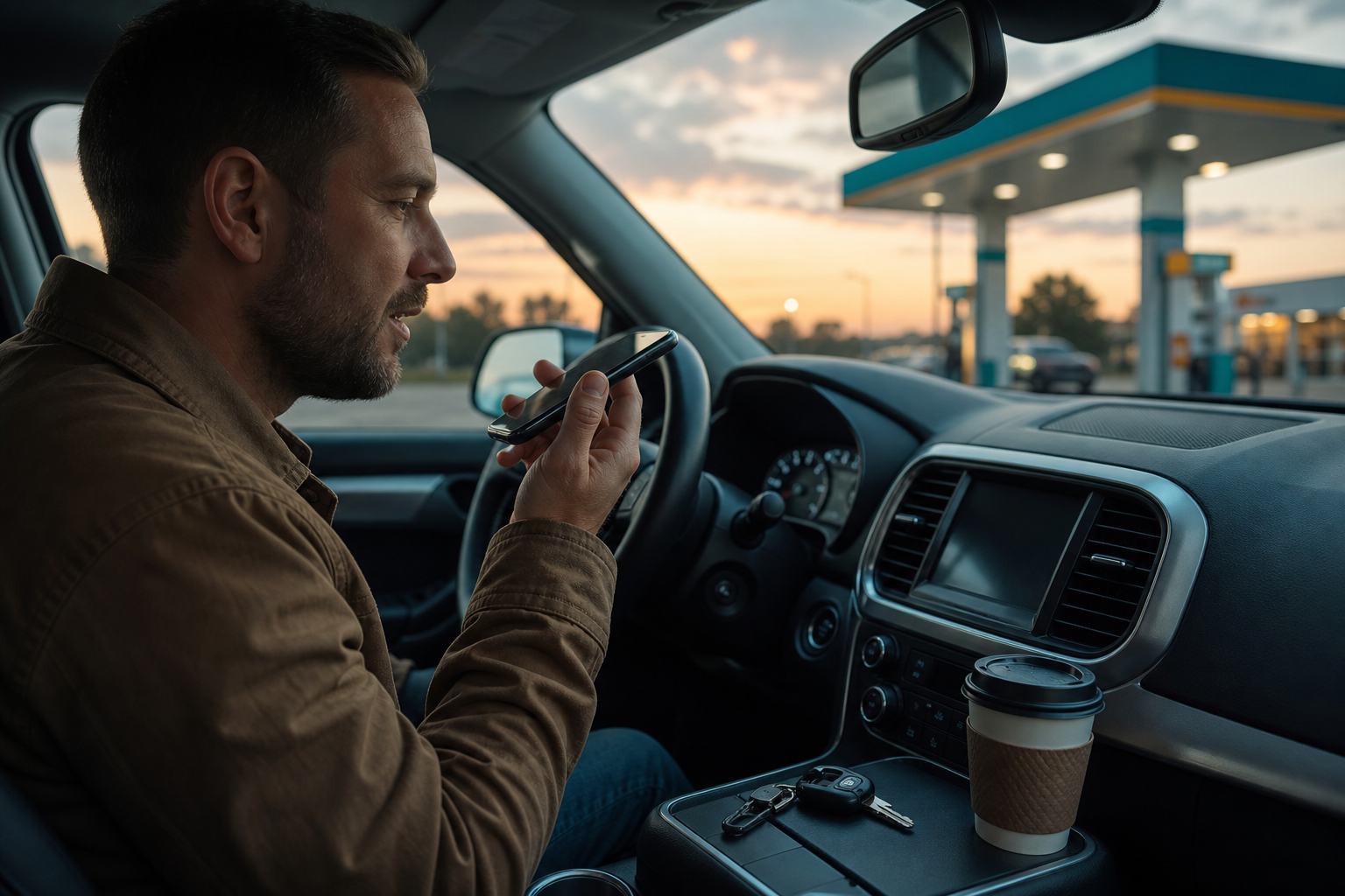 A driver speaks into a phone while parked at a filling station at dusk