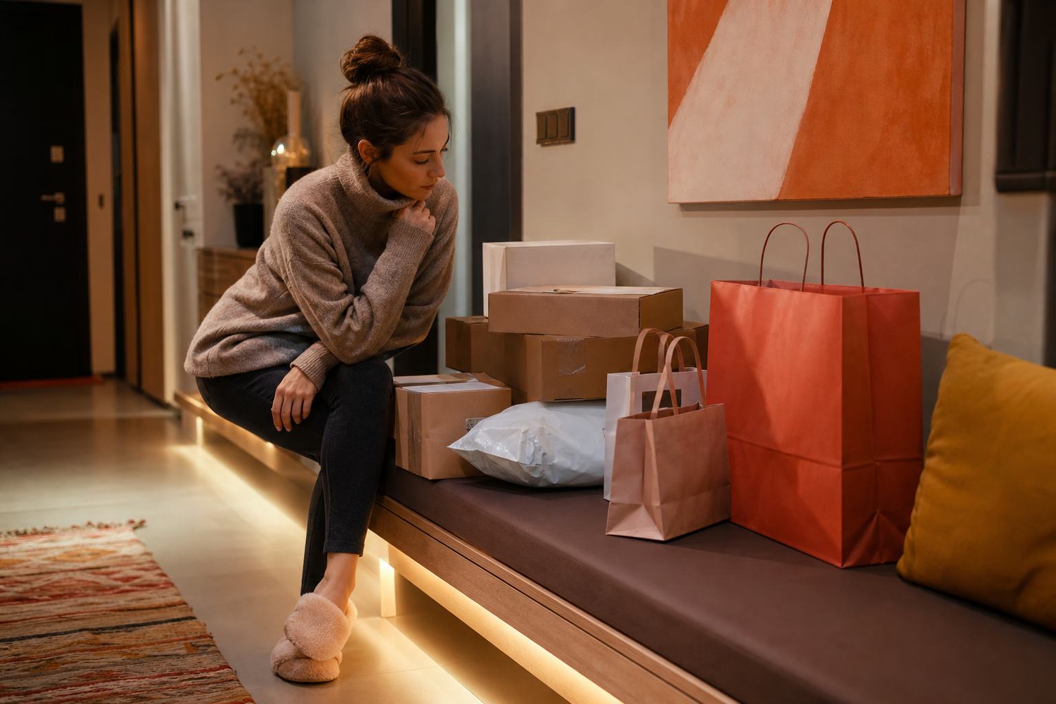A woman sits in a hallway beside unopened parcels and shopping bags
