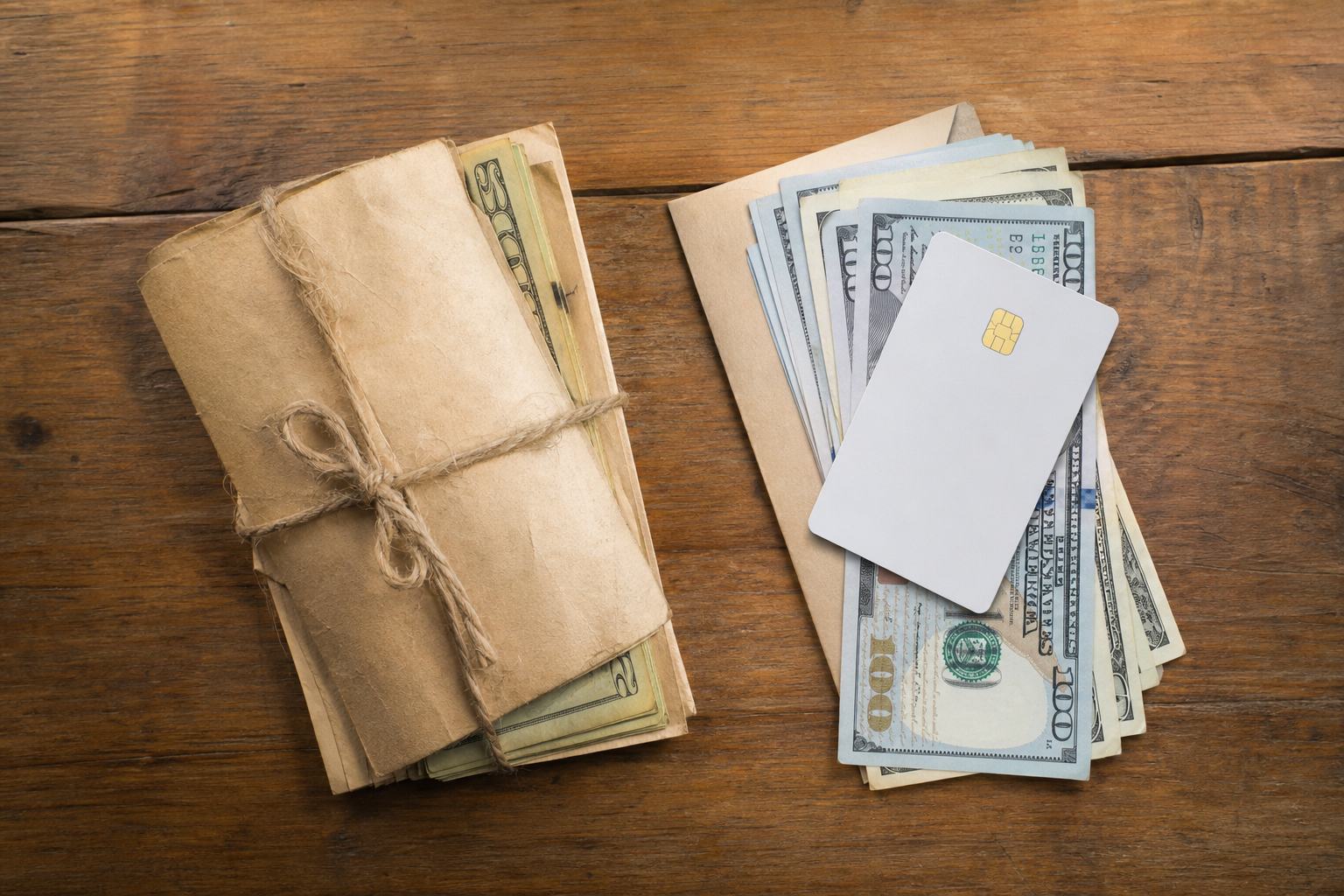 A bundle of paper envelopes holding cash, with a bank card on a second bundle