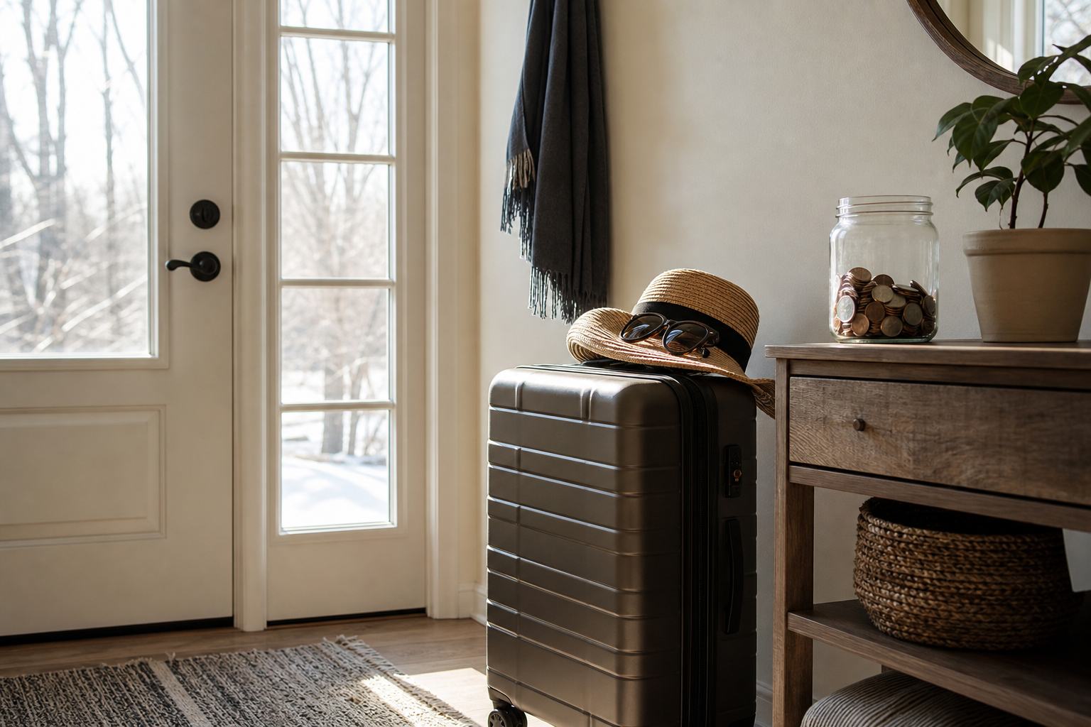 A suitcase with a sun hat in a hallway, a jar of coins nearby, winter outside the door